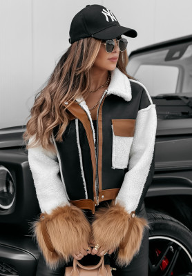Short leather jacket with sheepskin and fur Heavenly black-camel jacket