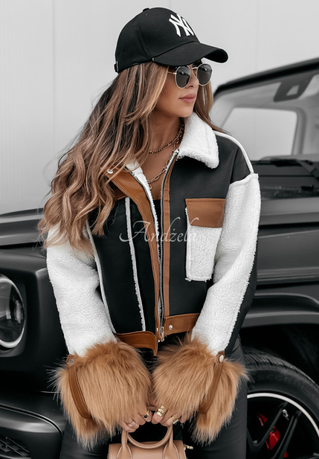 Short leather jacket with sheepskin and fur Heavenly black-camel jacket