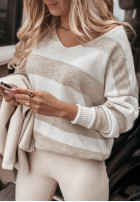 Sweter oversize w paski Carland biało-beżowy