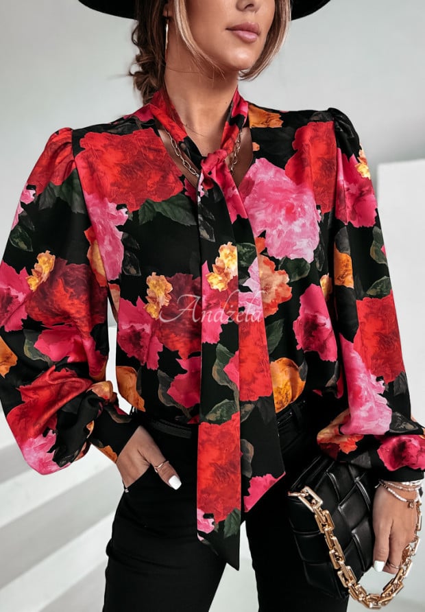 Koszula z wiązaniem w kwiaty Risk Taker czarno-różowa
