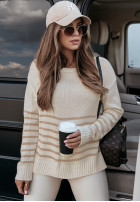 Sweter oversize w paski Mellow Time biało-beżowy