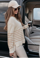 Sweter oversize w paski Mellow Time biało-beżowy
