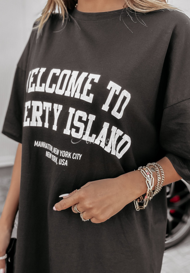 T-shirt oversize z nadrukiem Welcome To Liberty Island czarny