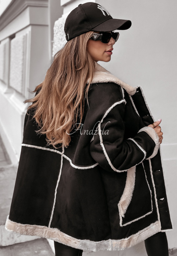 Płaszcz z imitacji zamszu z futerkiem Icy Elegance czarny