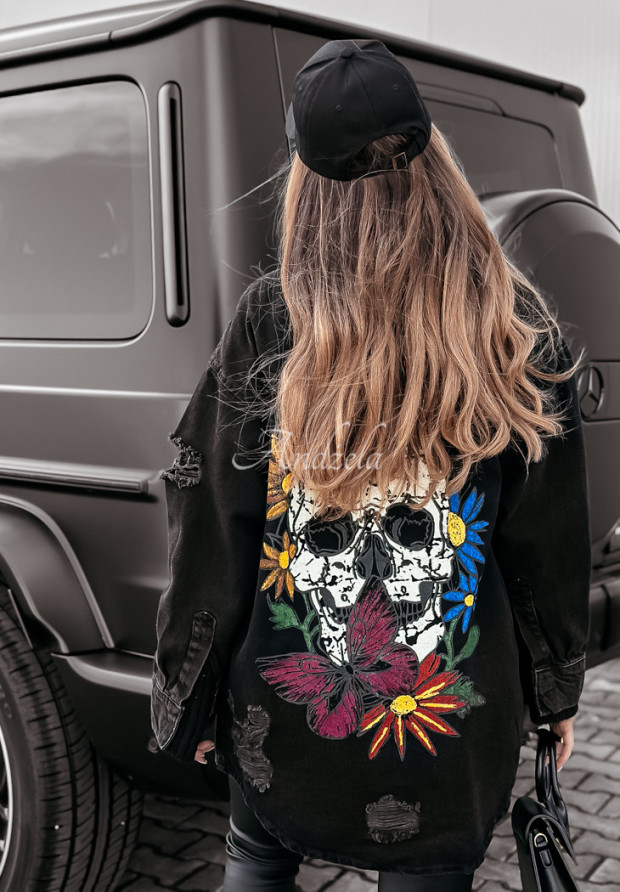 Długa kurtka jeansowa z przetarciami i nadrukiem Flowers Skull czarna