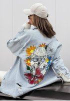 Długa kurtka jeansowa z przetarciami i nadrukiem Flowers Skull jasnoniebieska