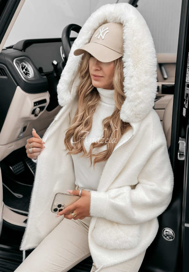 Velvet Embrace ecru alpaca coat with hood and fur