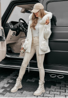 Coat alpaka z kapturem i futerkiem Velvet Embrace in ecru