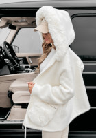 Coat alpaka z kapturem i futerkiem Velvet Embrace in ecru