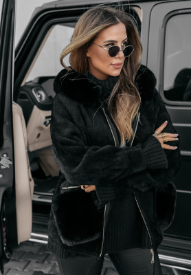 Alpaca coat with hood and fur Velvet Embrace black