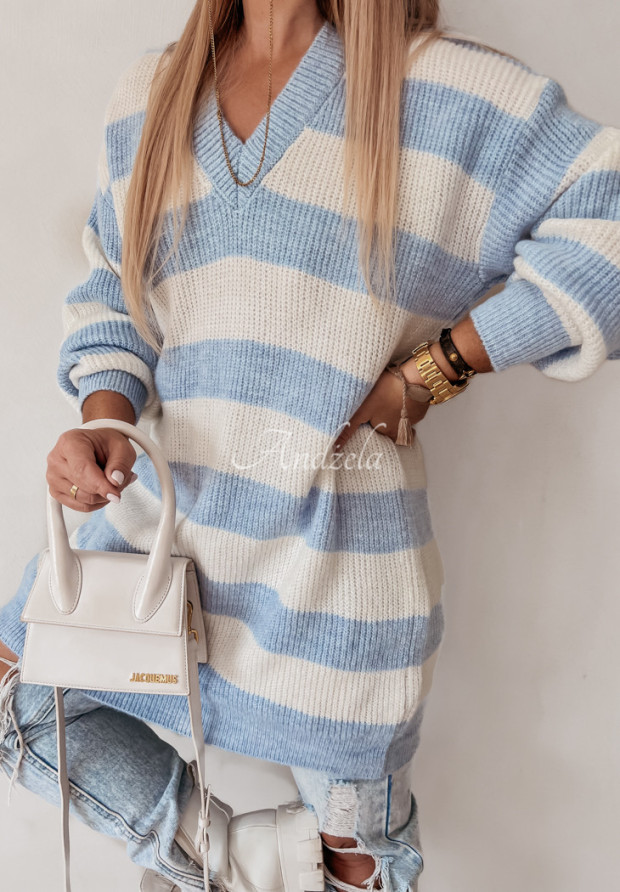 Sweter w paski z dekoltem Arevalo biało-błękitny