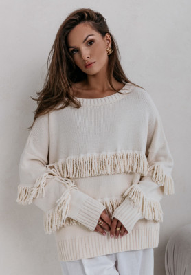 Sweter oversize z frędzlami Cocomore Perfectness jasnobeżowy