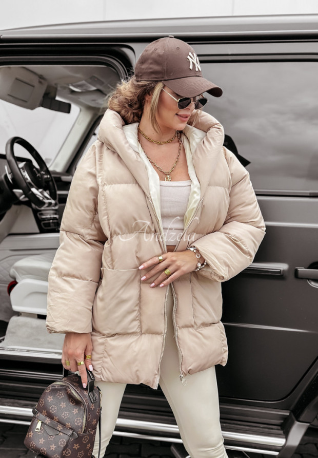 Długa pikowana kurtka z kapturem Cold Weather beżowa
