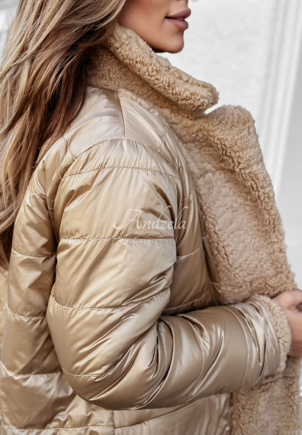 Długi dwustronny płaszcz z imitacji kożucha Winter Ice camelowy