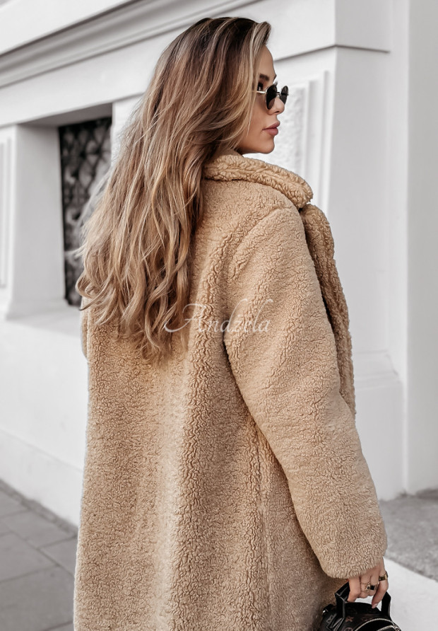 Długi dwustronny płaszcz z imitacji kożucha Winter Ice camelowy