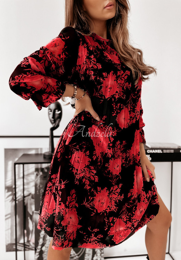 Plisowana sukienka w kwiaty Forsycja czarno-czerwona