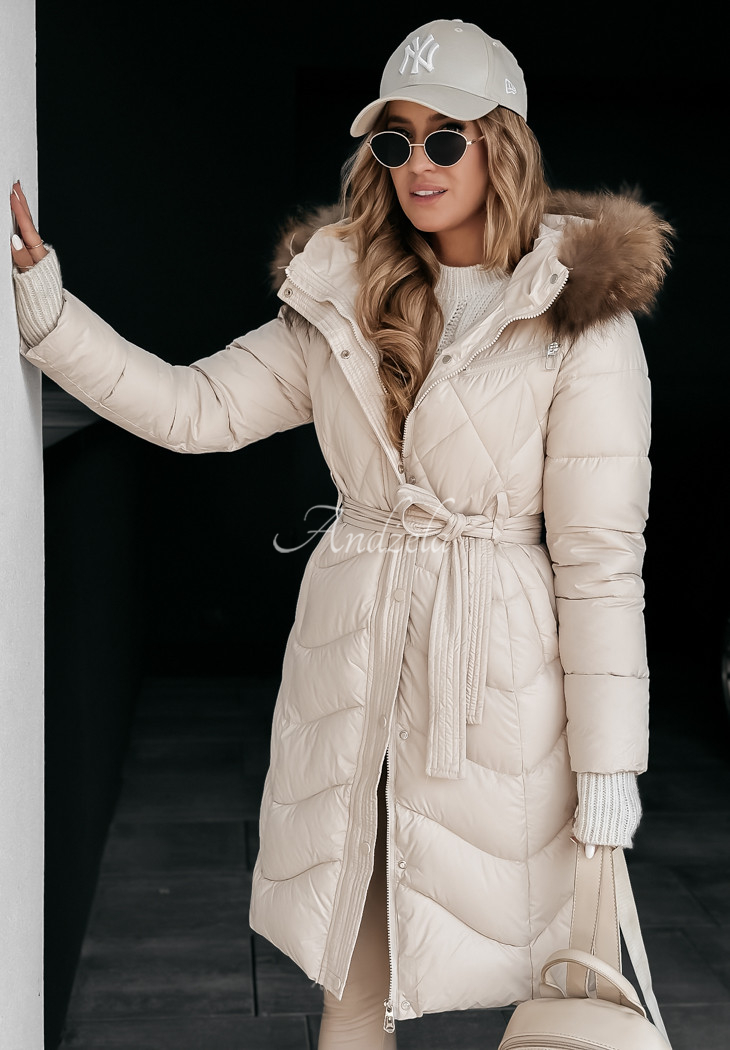 Long quilted jacket with fur Hello Cold Days beige