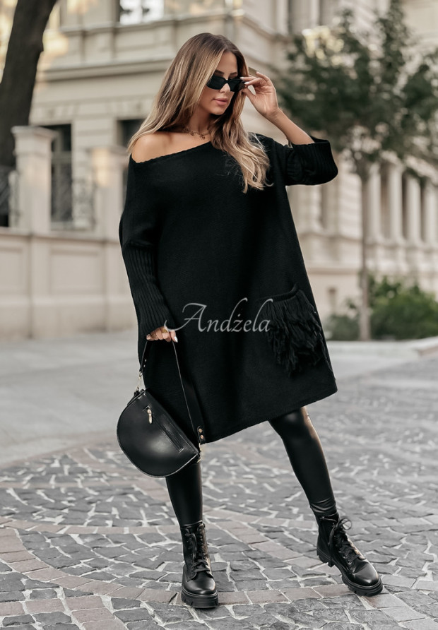 Sweter sukienka oversize z frędzlami Hot Tea czarny