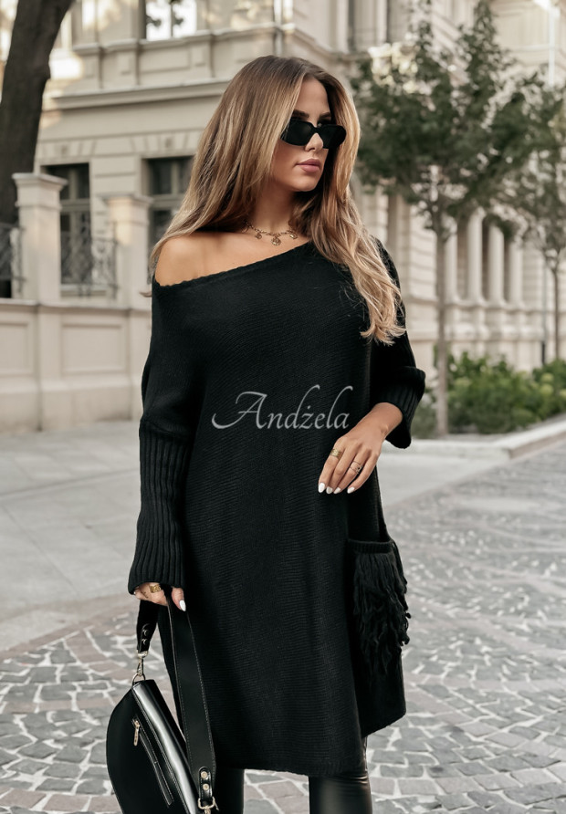 Sweter sukienka oversize z frędzlami Hot Tea czarny