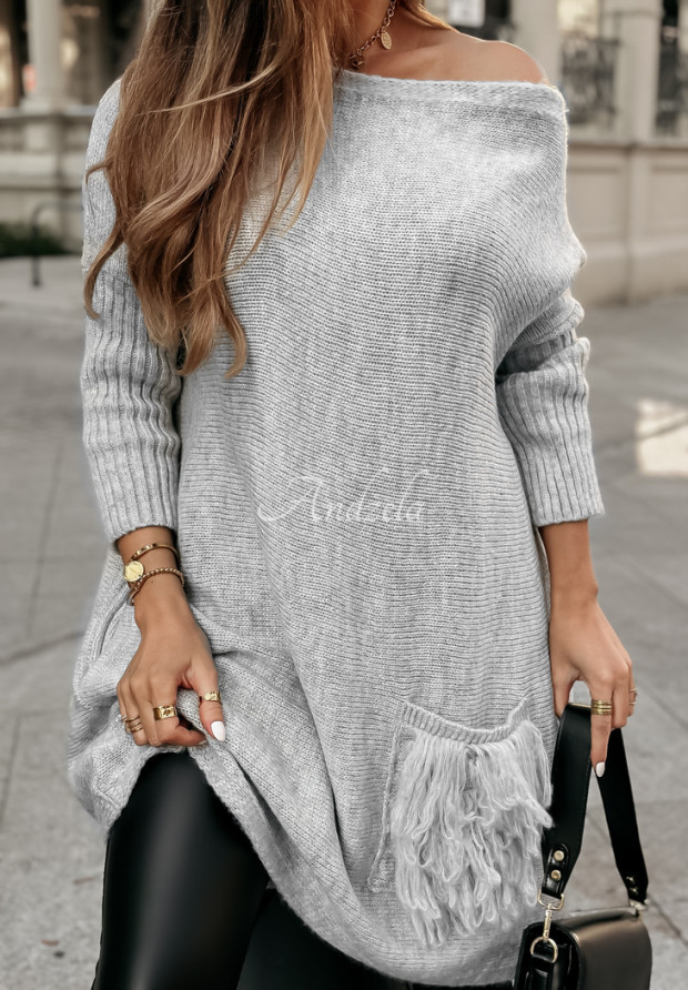 Sweter sukienka oversize z frędzlami Hot Tea szary