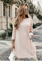 Sweter sukienka oversize z frędzlami Hot Tea pudrowy róż