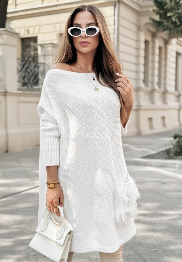 Sweter sukienka oversize z frędzlami Hot Tea ecru