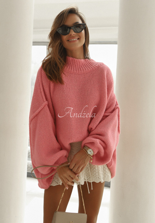 Sweter oversize z bufkami Cocomore Corazon różowy