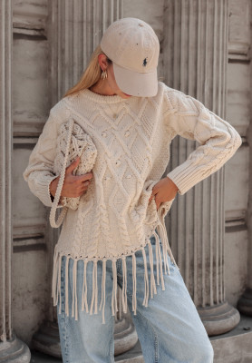 Decoratively woven sweater with fringe Cocomore Menville ecru