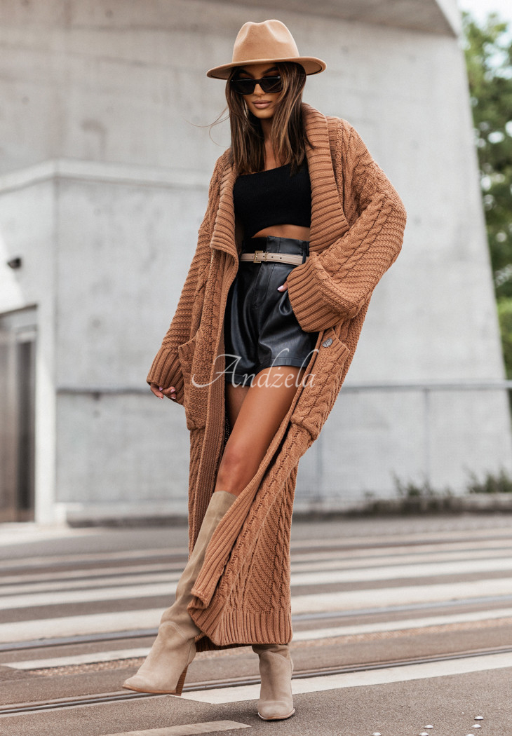 Cocomore Avalynn camel long decoratively braided cardigan