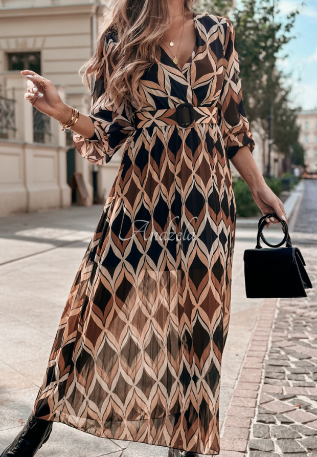 Plisowana sukienka maxi we wzory Kristine czarno-camelowa
