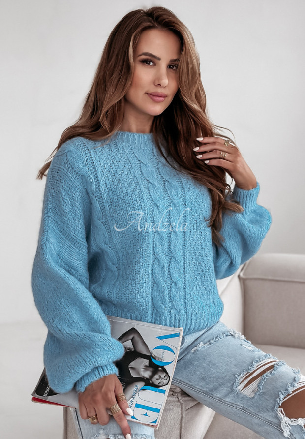 Ozdobnie pleciony sweter oversize Aravis błękitny
