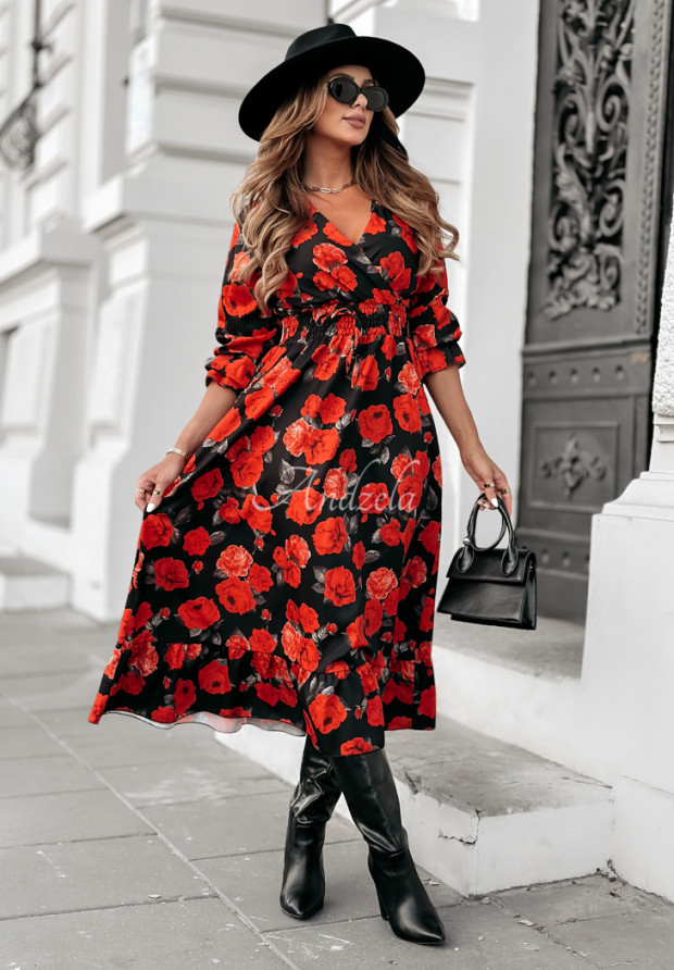 Kwiecista sukienka midi Unique Beauty czarno-czerwona