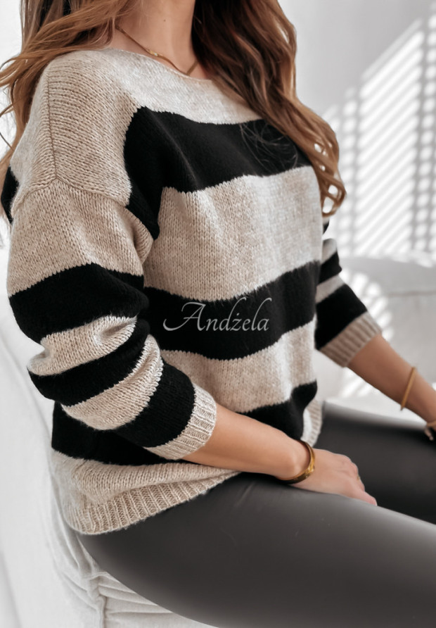 Sweter w paski Colorful Autumn beżowo-czarny