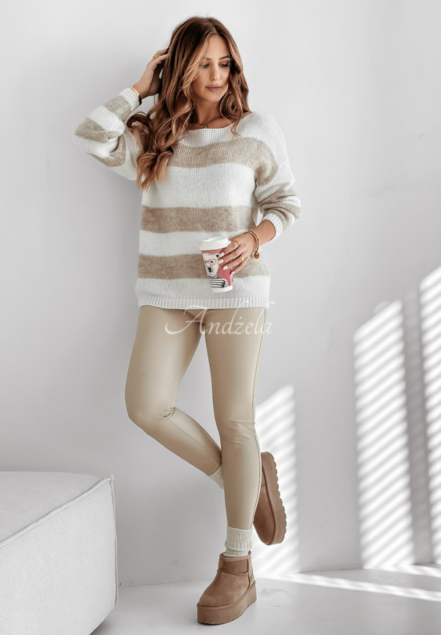 Sweter w paski Colorful Autumn biało-beżowy