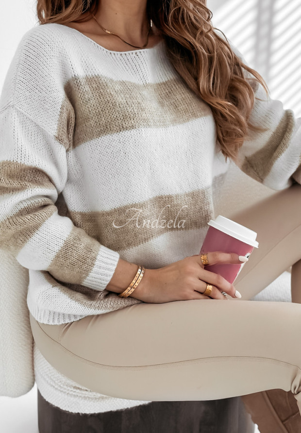 Sweter w paski Colorful Autumn biało-beżowy
