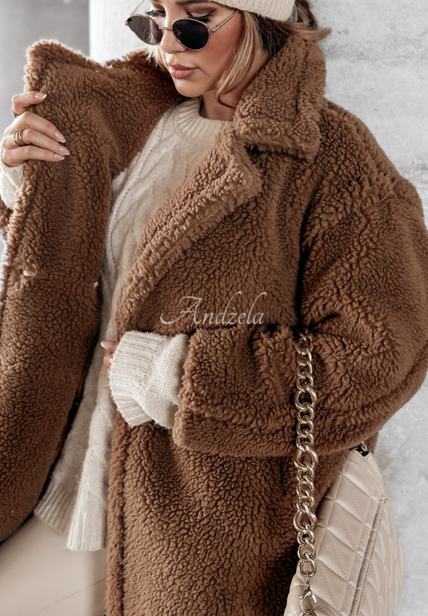 Długi płaszcz z imitacji kożucha Essence Of Autumn czekoladowy