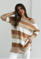 Sukienka sweter oversize w paski Cocomore Attimo camelowo-biała
