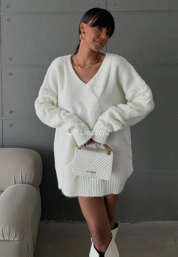 Długi ozdobnie pleciony sweter oversize Ambrosso ecru