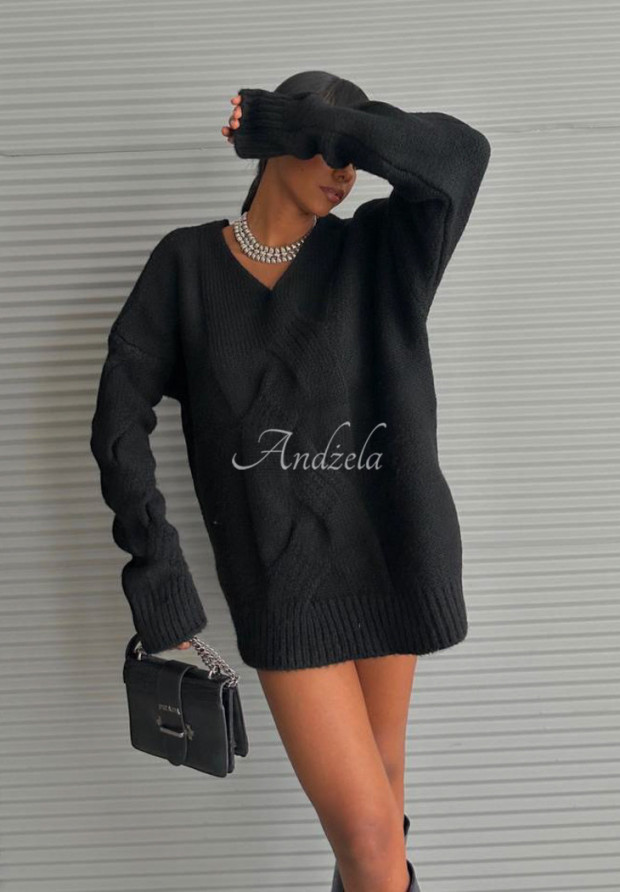 Długi ozdobnie pleciony sweter oversize Ambrosso czarny