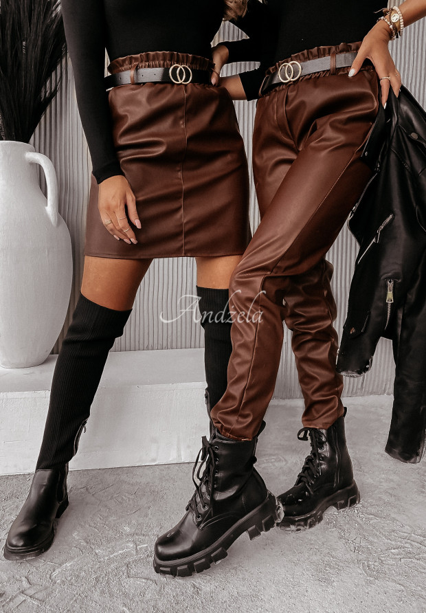 Skórzane spodnie z paskiem Sevigne czekoladowe