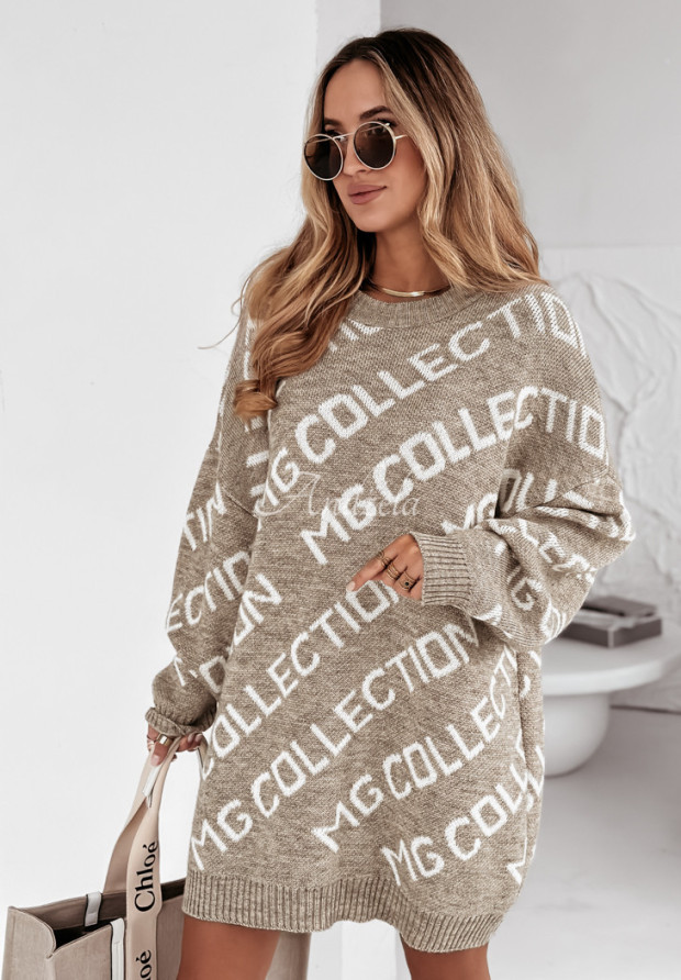 Sweter oversize z napisami Collection beżowy