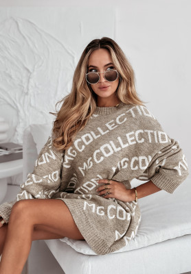 Sweter oversize z napisami Collection beżowy