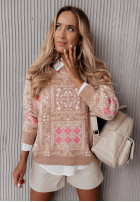 Krótki wzorzysty sweter Marshmallow camelowy