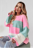 Sweter oversize z wełną Choose Happiness różowo-miętowy