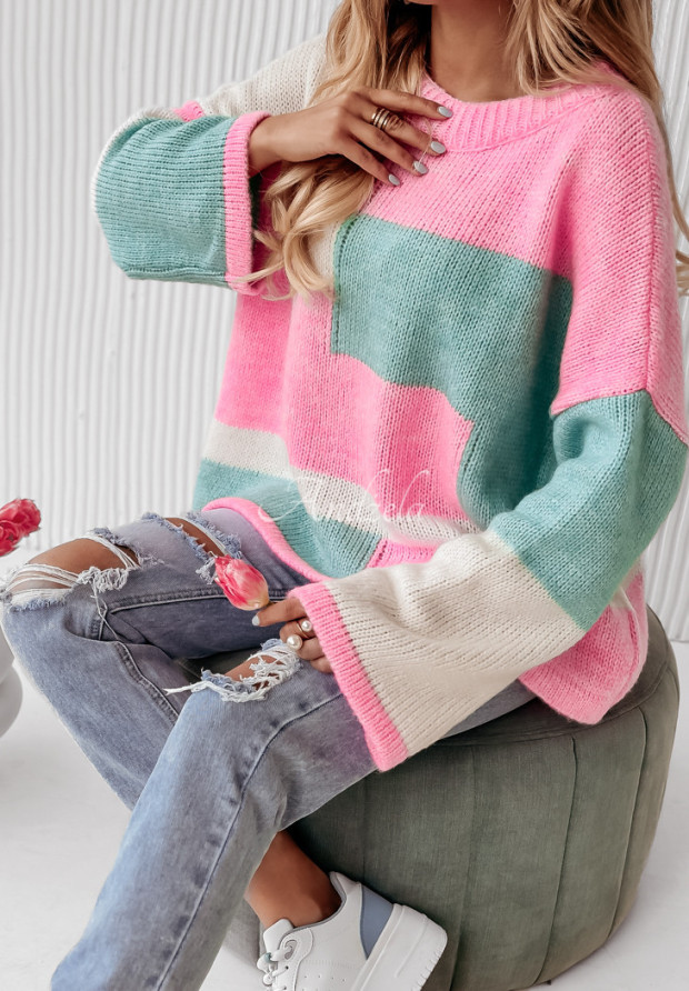 Sweter oversize Choose Happiness różowo-miętowy