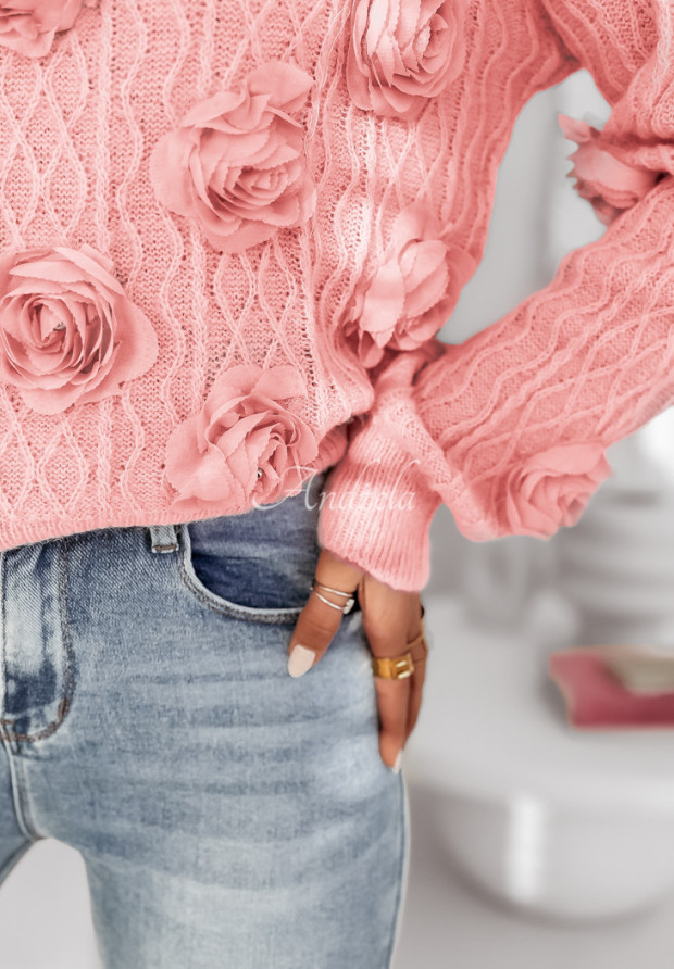 Ażurowy sweter z różami Bloom Symphony różowy