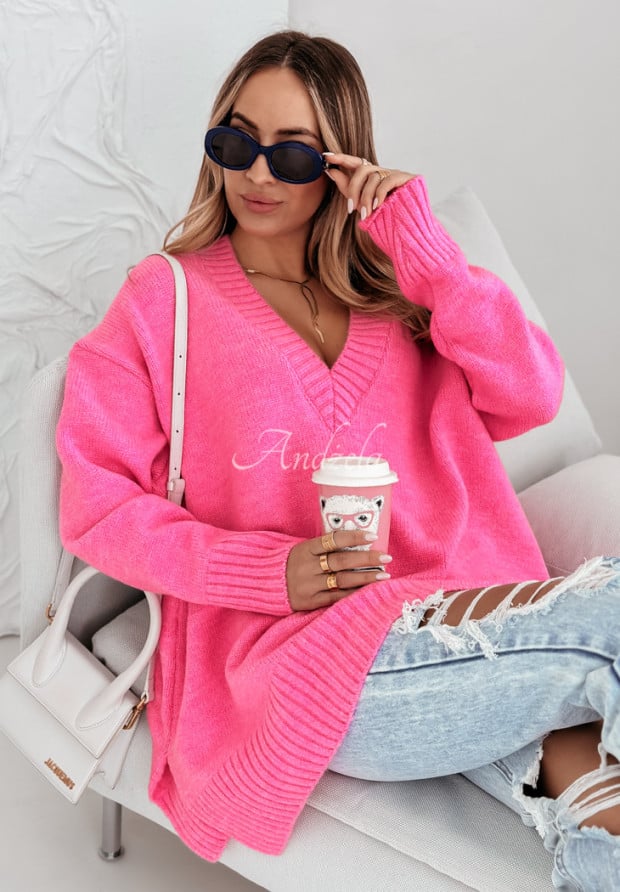 Sweter oversize z dekoltem Stay Cozy różowy