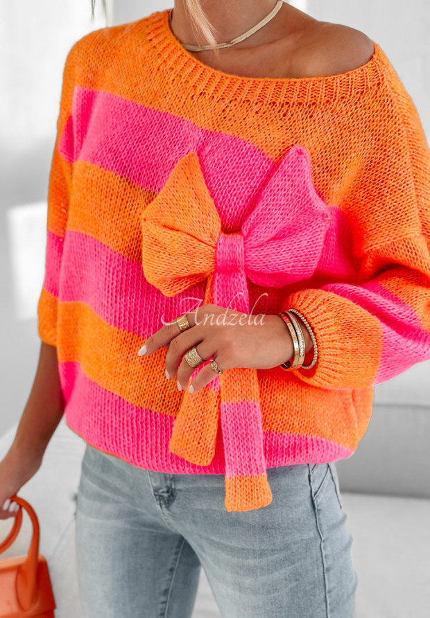Sweter w paski z kokardą Brilliant Blend pomarańczowo-różowy