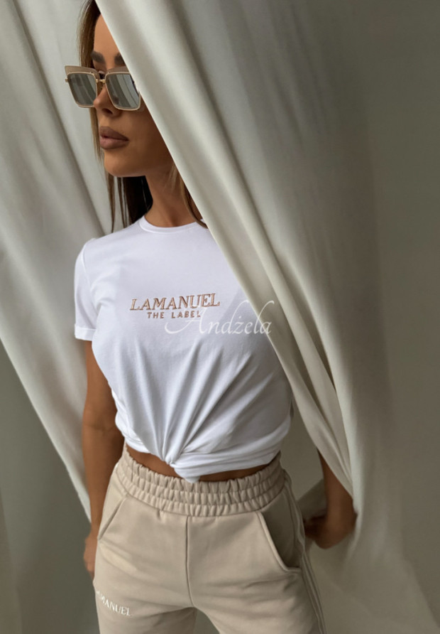 T-shirt z haftem La Manuel Basic biały