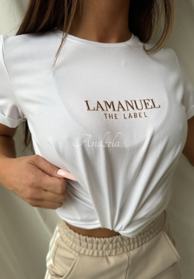 T-shirt z haftem La Manuel Basic biały